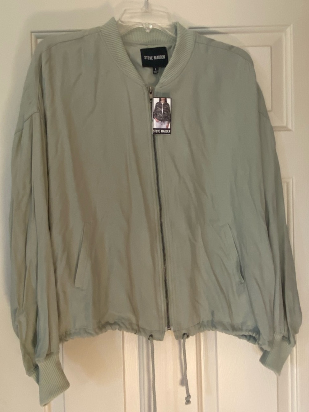 Steve Madden Women Oilve Green  Mock Neck Bomber Jacket Waist Tie Sz L Gorpcore